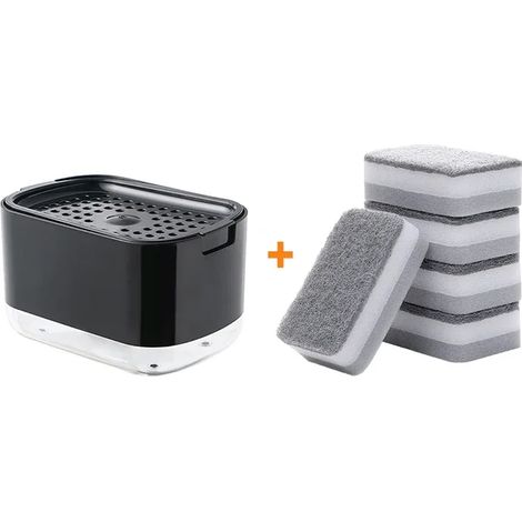 (Éponges noires x 5) Distributeur de liquide vaisselle 2 en 1 avec pompe et porte-éponge pour la cuisine et la salle de bain. Accessoires de lavage. (1/5)