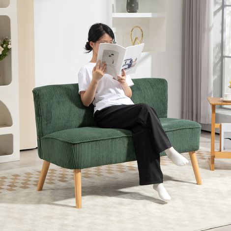 Sofá tapizado de 2 plazas, madera, poliéster aterciopelado, espuma, 117 x 56,5 x 77 cm, verde (1/5)