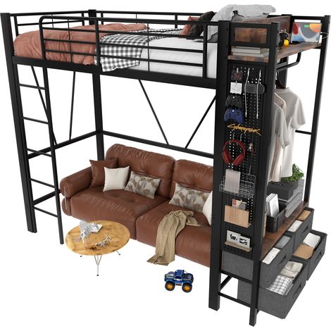 Cama alta individual con 4 cajones, estantes, USB y puerto Type-C, LED, 90 x 200 cm, sin colchón (1/5)