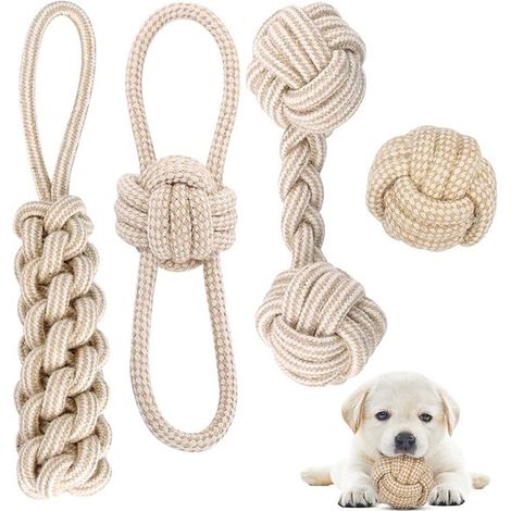 Corda giocattolo per cani con palla annodata, set di 4 giocattoli da masticare per cani di piccola taglia/cuccioli di taglia media, giocattolo per cani, cura dentale, realizzato in legno naturale (1/5)