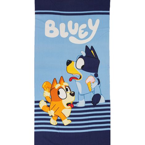 AYMAX, DRAP DE PLAGE ENFANT BLUEY 70X140 CM 100% POLYESTER  BLUEY & BINGO GLACES BLEU RAYÉ  LICENCE OFFICIELLE 025BLU (1/2)