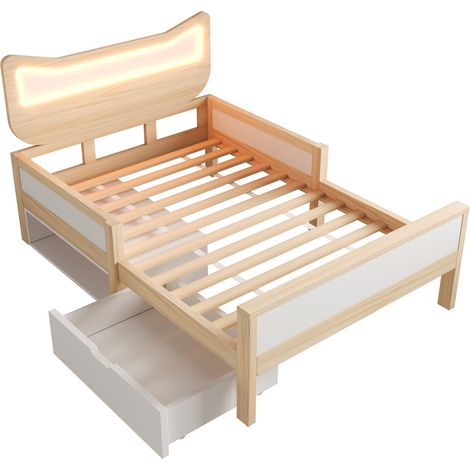 Lit enfant 90x200 cm avec tête de lit chat LED RGB, tiroir modulable, barrières, blanc chêne (1/5)