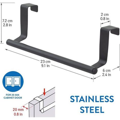 Porte-Serviettes - Barre Acier Inoxydable - Pour Porte de Placard Cuisine ou Salle de Bain - Sans Perçage - 23 x 7.2 x 6 cm - Noir - 1 Pièce (1/3)