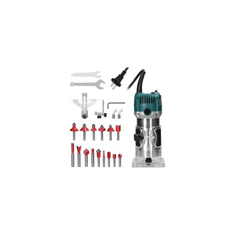 Défonceuse affleureuse électrique 800W – Vitesse 30000 tr/min – 15 fraises 1/4' – Base transparente pour précision – Pour bois dur et teck - 15pcs