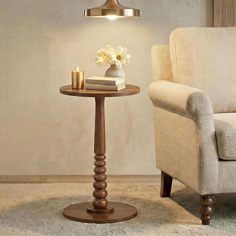 Table d’Appoint Ronde, Table à Boissons, Gueridon, pour Petits Espaces, Pied en Bois Massif, Style Mid-Century Modern, pour Salon, Chambre, Marron Châtaigne LET293KX01 (1/5)
