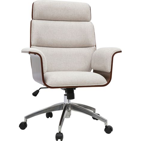 Silla de oficina con ruedas de diseño en tejido efecto terciopelo texturizado beige, madera oscura y acero cromado ELON