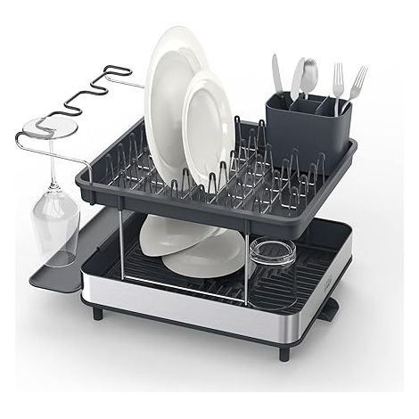 Joseph Joseph escurridor de platos 2 niveles, organización eficiente para cocina, soporte para copas de vino, drenaje ajustable, acero inoxidable, color acero (1/5)