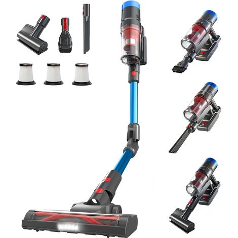 Aspirateur Balai sans Fil, 3 Vitesses, Autonomie 60min, 250W, Filtration HEPA x3, Brosse Anti-acariens motorisée, Anti-Acariens, pour Tapis Sols Durs Poils d’Animaux Voiture - Bleu (1/5)