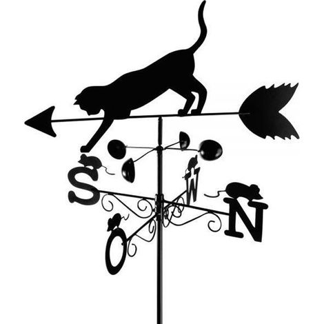 1 pièce girouette jardin, chat design élégant, indicateur vent N-S-W-O, métal verni résistant, pour extérieur et balcon