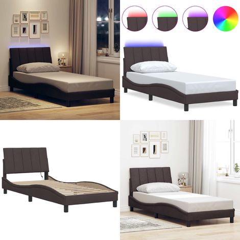 Bettgestell ohne Matratze "Hanko" Dunkelbraun 80x200 cm Stoff - Kopfteil-Kissen - LED-Leiste (1/5)