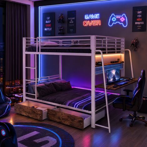 Lit Mezzanine 140x200 cm Avec Bureau, 2 Tiroirs, LED RGB, Prise USB et USB-C, Grille Métallique, Échelle, Métal MDF - Blanc
