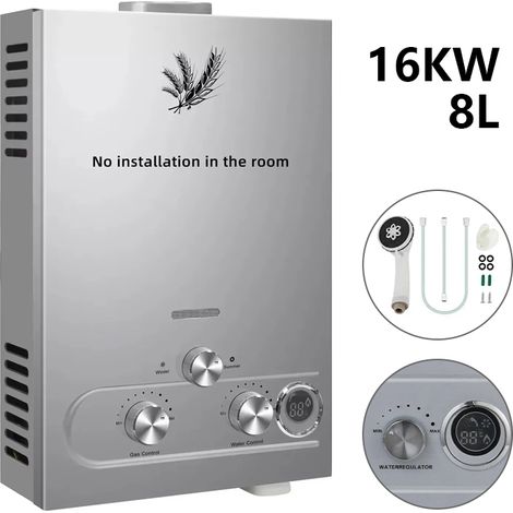 Chauffe-eau instantané au GPL, 8 L 16 kW, Chauffe-eau propane/butane avec affichage LED et protections de sécurité, Chauffe-eau extérieur (1/5)