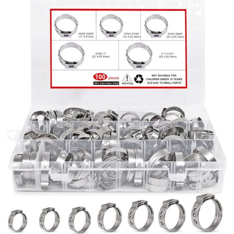 100pcs 5tailles Pinces de tuyau d'oreille unique,Kit de bagues de sertissage Pex en acier inoxydable de21-28,6mm,Kit d'assortiment de pinces de tuyau de sertissage pour la fixation de tuyaux de tuyaux