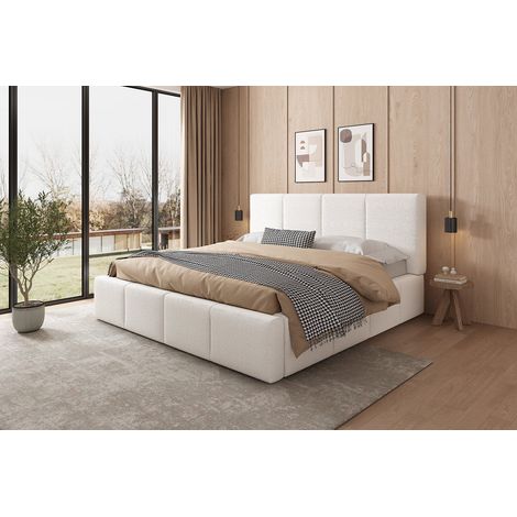 Lit double rembourré 180x200 cm beige en bouclé, tête de lit épaisse à rayures verticales, structure encastrée, sommier à lattes inclus, sans matelas (1/5)