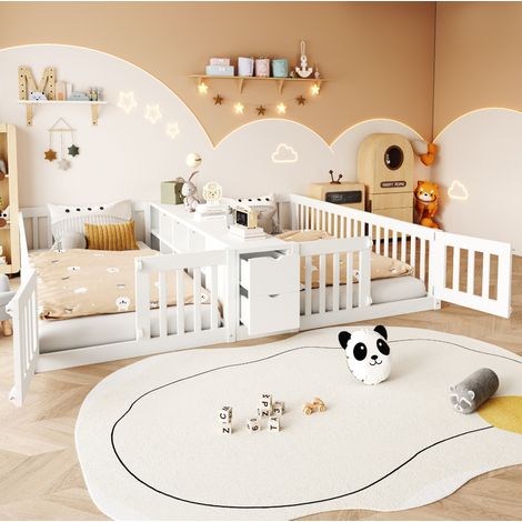 Lit enfant minimaliste en bois blanc 2x90x200 cm avec barrières hautes, 2 tiroirs et étagère centrale