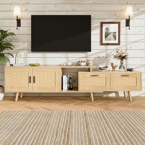 TV Lowboard aus Holz ausziehbar 146–180 cm, TV Möbel mit 2 Türen und Bambus-Schubladen, Rustikaler Stil, Natur