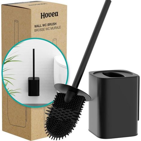 Brosse WC murale décorative WC3010 - Tête de brosse plate en silicone et boîtier en métal - Noir mat - Installation sans perçage