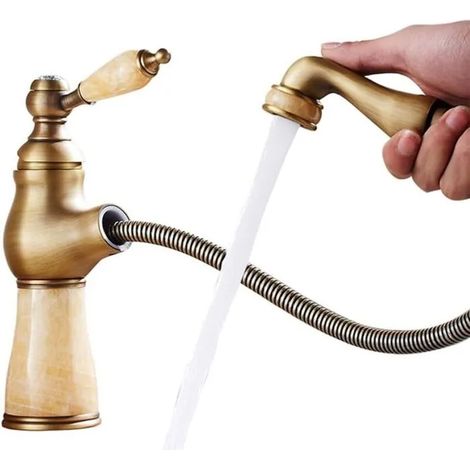 Waschbeckenarmatur gelb mit Brause, Einloch ausziehbar, Messing (1/4)