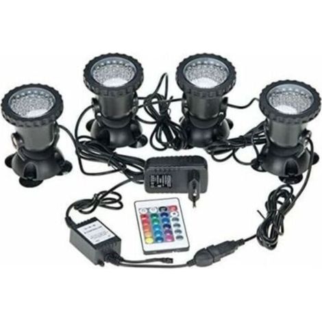 Spots sous marins étanches multicolores RVB pour aquarium avec télécommande pour bassin de jardin, aquarium, piscine, prise britannique (lot de 4 lumières)