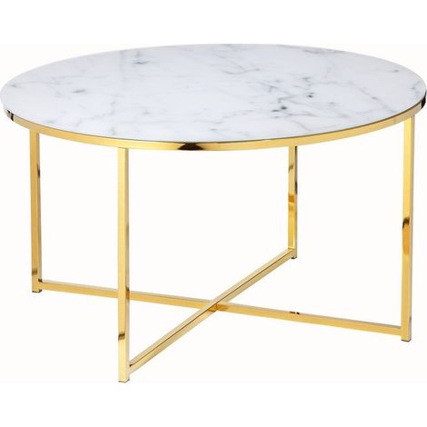 Table basse ronde de salon en verre effet marbre blanc et métal doré Ø 80 cm - PANGIVO (1/5)