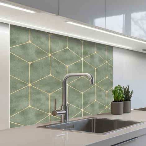 REVETEMENT MURAL DE CUISINE, CRÉDENCE DE CUISINE Subtil - Géométrique - Or - Vert 100x80 cm