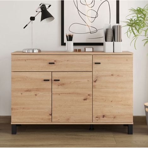 Credenza Uyuni, Madia un Cassetto, 3 Ripiani, Apertura Battente, Scorrevole, 116x35x78h cm Marrone Rovere Nodi (1/5)