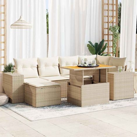 vidaXL Rattanmöbel - 7-tlg. Garten-Sofagarnitur mit Kissen Beige Poly Rattan (1/5)