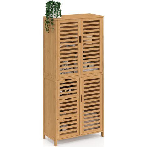 Meuble armoire colonne salle de bain bambou BEA 3 portes et 3 tiroirs (1/5)