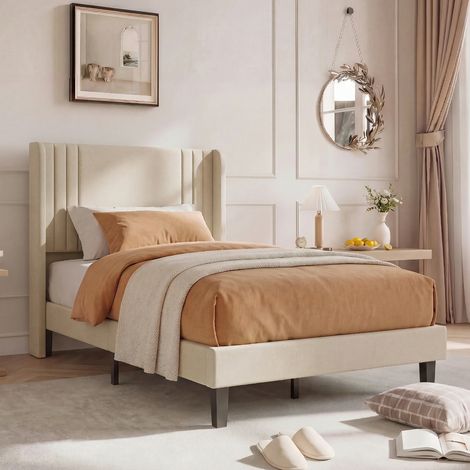 BLANKETSWARM - Lit simple rembourré 90x200 cm - Cadre en métal robuste - Style industriel - Lin - Beige (1/5)