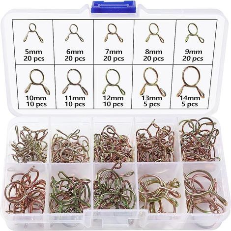 140 Pièces 10 Tailles 5-14 mm Collier de Serrage de Ressort de Carburant à Unique Ligne Kit, Clip à Ressort Tuyau, Serrage Durite Essence Serre-joints à Tuyaux, Or (1/5)