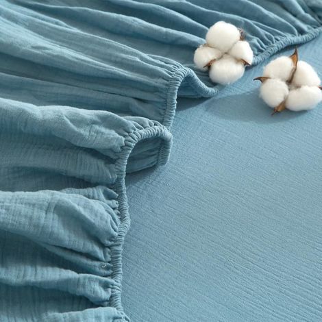 Coton Drap Housse 140x200cm Bleu Bonnet 30cm Drap de lit Mousseline Drap Coton Respirant pour Matelas Épais Haut Tissu Anti-Acarien Hypoallergénique de Haute Qualité,Certifié Oeko-TEX (1/5)