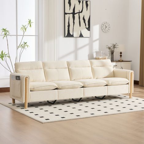 Sofá modular en U de 4 plazas en chenilla beige con 2 pufs con almacenaje y patas de madera (1/5)