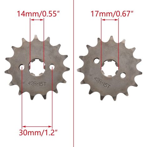 Pignone anteriore per moto 428-15T 17 mm per moto da fuoristrada, minimoto, quad e ciclomotori da 50cc, 70cc, 90cc, 110cc e 125cc. (1/4)