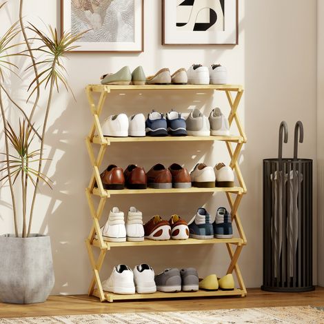 Meuble à chaussures pliable à 5 niveaux prêt à l'emploi, en bambou, 60x29x88 cm, couleur bois (1/5)