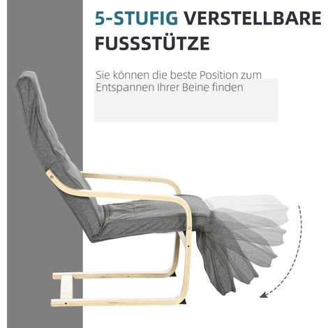 Fauteuil inclinable avec repose-jambes ajustable, cadre en bouleau, charge max 120 kg, 66,5 x 94 x 100 cm, gris (1/4)