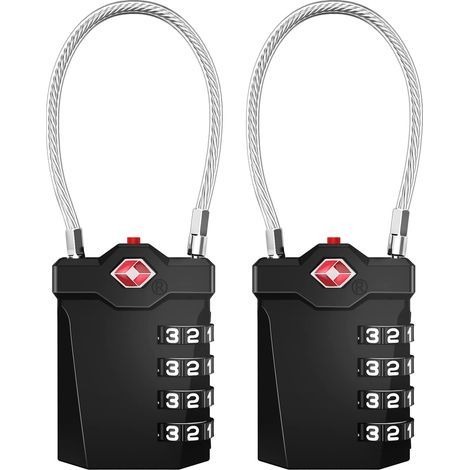 Kofferschloss, 4-stelliges TSA-Zahlenschloss mit Öffnungsalarm, Kabelschloss für Fitnessstudios (2 Stück, schwarz) (1/5)