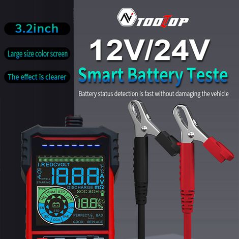 TOOLTOP testeur de batterie intelligent écran couleur 3.2 pouces 12V 24V sélection auto test batterie démarrage charge avec lampe LED et protections multiples (1/4)