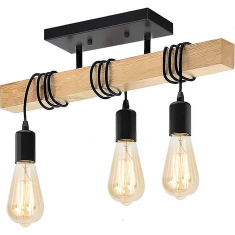 Lustre Industriel Noir en Bois E27 (1/4)