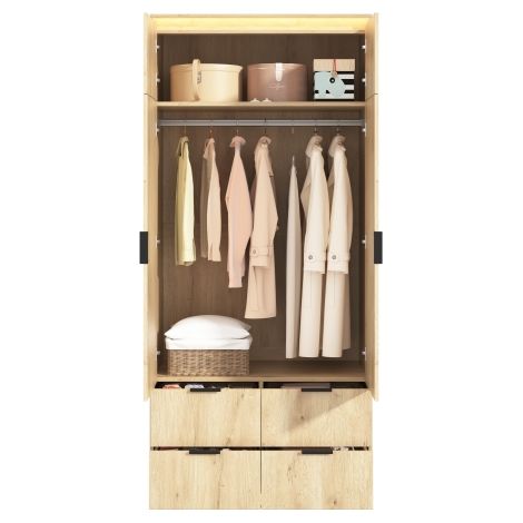 Armoire à deux portes avec miroir, éclairage LED, 90 x 47 x 200 cm, 1 tringle, 4 tiroirs, portes battantes, style moderne, chêne anthracite (1/5)