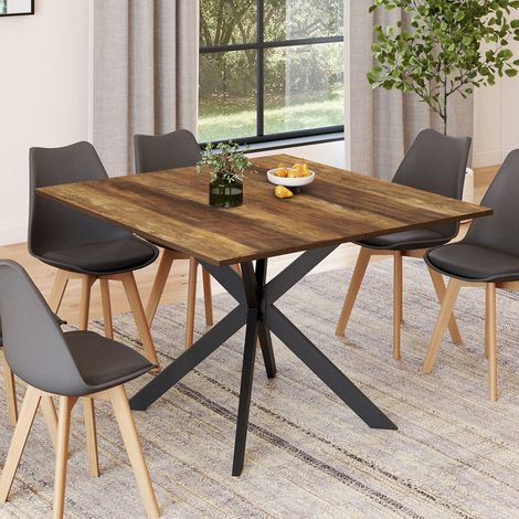 Table à manger carrée ALIX 8 personnes pied araignée bois foncé HAWKINS et noir 110 cm