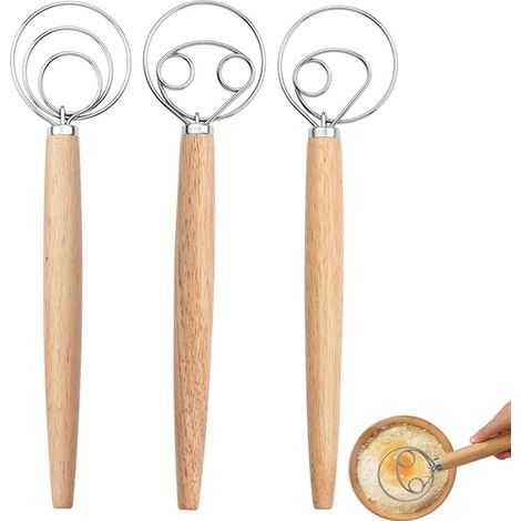 Frusta per impasto danese da 3 pezzi, frusta per impasto danese, impastatrice con manico in legno, impastatrice manuale in acciaio inossidabile, per pane, pasticceria, impasto per pizza (3 misure incl (1/4)