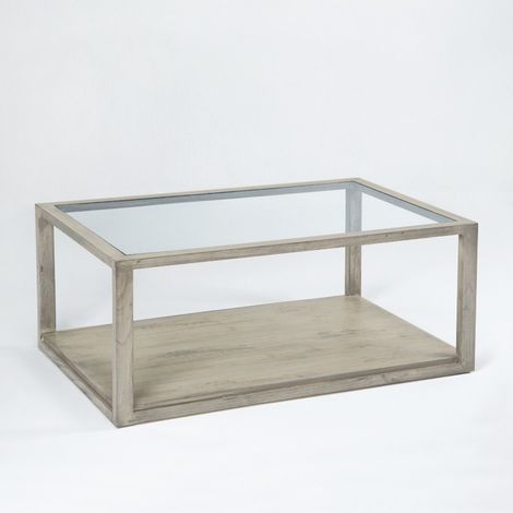 Table basse verre et bois massif gris voilé 110cm (1/2)