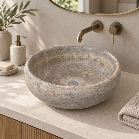 Vasque à poser ronde en pierre naturelle Travertin Gris 46x17 cm - À l'unité - Ti'ma Stone (1/4)