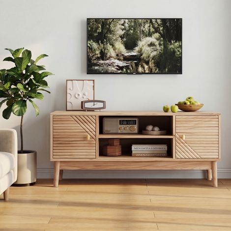 Meuble TV bas pour salon/chambre, 110 cm style mid-century, avec rangement et passe-câbles, MDF coloris chêne (1/5)