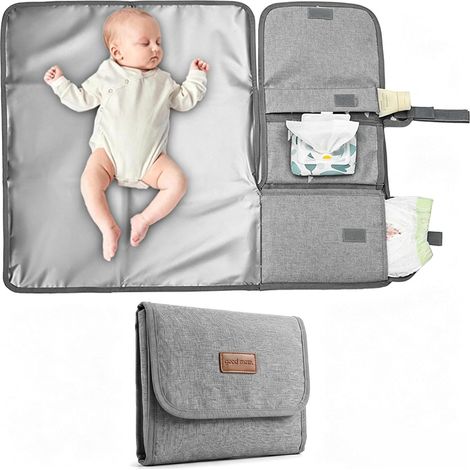 Matelas à Langer Portable, Tapis de Change Imperméable Pliable avec Poches de Rangement, Matelas à Langer de Voyage en Coton Lavable pour Nouveau-Nés (Gris) (1/5)