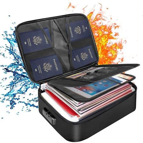 Feuerfeste Dokumentenbox, 14,2 x 10,6 x 4 Zoll, große feuerfeste 3-lagige Dokumententasche mit Schloss, feuerfeste Aktenaufbewahrungsbox für Reisepässe, Zertifikate, Rechtsakten und Wertsachen, Schwar