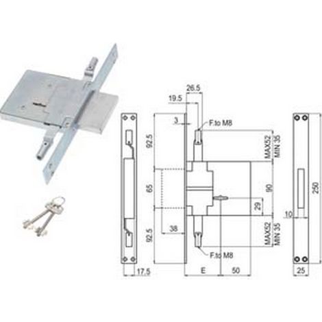 1PZ SERRATURA TRIPLICE DA INFILARE DOPPIA MAPPA ATTACCO ASTE M8 450/3M8S - mm.70 (00450 3M 70 2C CI)