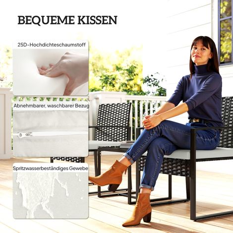 Ensemble de jardin en rotin, 3 pièces mobilier terrasse avec 2 chaises, table basse, coussins amovibles blanc cassé (1/5)