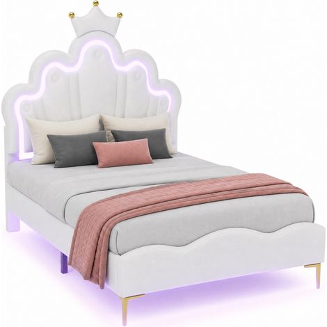 Letto singolo 90x200 cm con LED RGB controllati da app, testiera a nuvola con corona rosa, imbottito in cuoio rigenerato bianco, altezza regolabile CHICFURN (1/5)