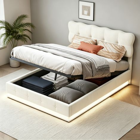 Doppelbett 140 x 190 cm mit Stauraum, gepolstertes Doppelbett mit LED-Beleuchtung, Lattenrost, skandinavischer Stil, Erwachsenenbett, Samt, beige